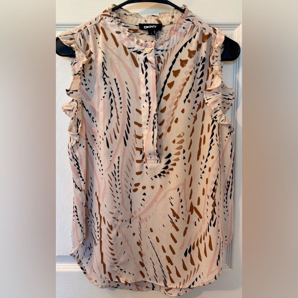 DKNY Ruffled Sleeveless Top in Blush, Black & Brown